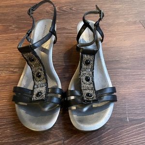 Bandolino black sandals with silver seed bead trim.  2 1/4 inch wedge heel